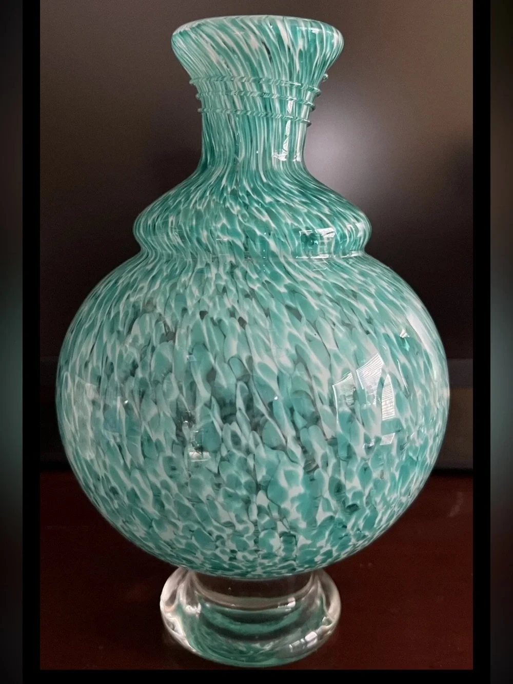 Vintage Pier 1 Art Glass Vase - Turquoise & White Swirl Confetti Spatter 10”